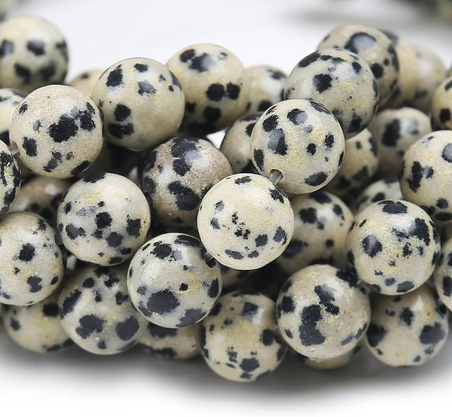 8mm Polished Smooth Dalmation Spot Jasper, Natural Gemstone Beads Round Semi Precious Loose Stones Energy Healing Crystals with Free Stretch Cord for Jewelry Making, DIY Bracelet Necklace
