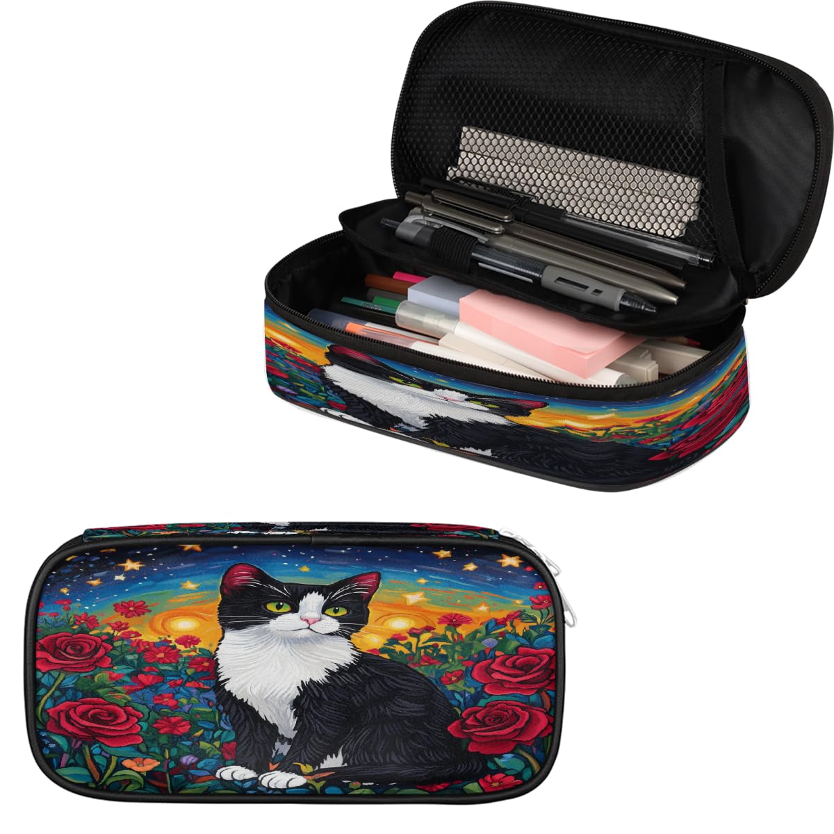 VQUVQV Black and White Cat Flowers Pencil Case for Boys Girls, Large Capacity Pen Case Pouch Holder Stationery Organizer School Pencil Cases