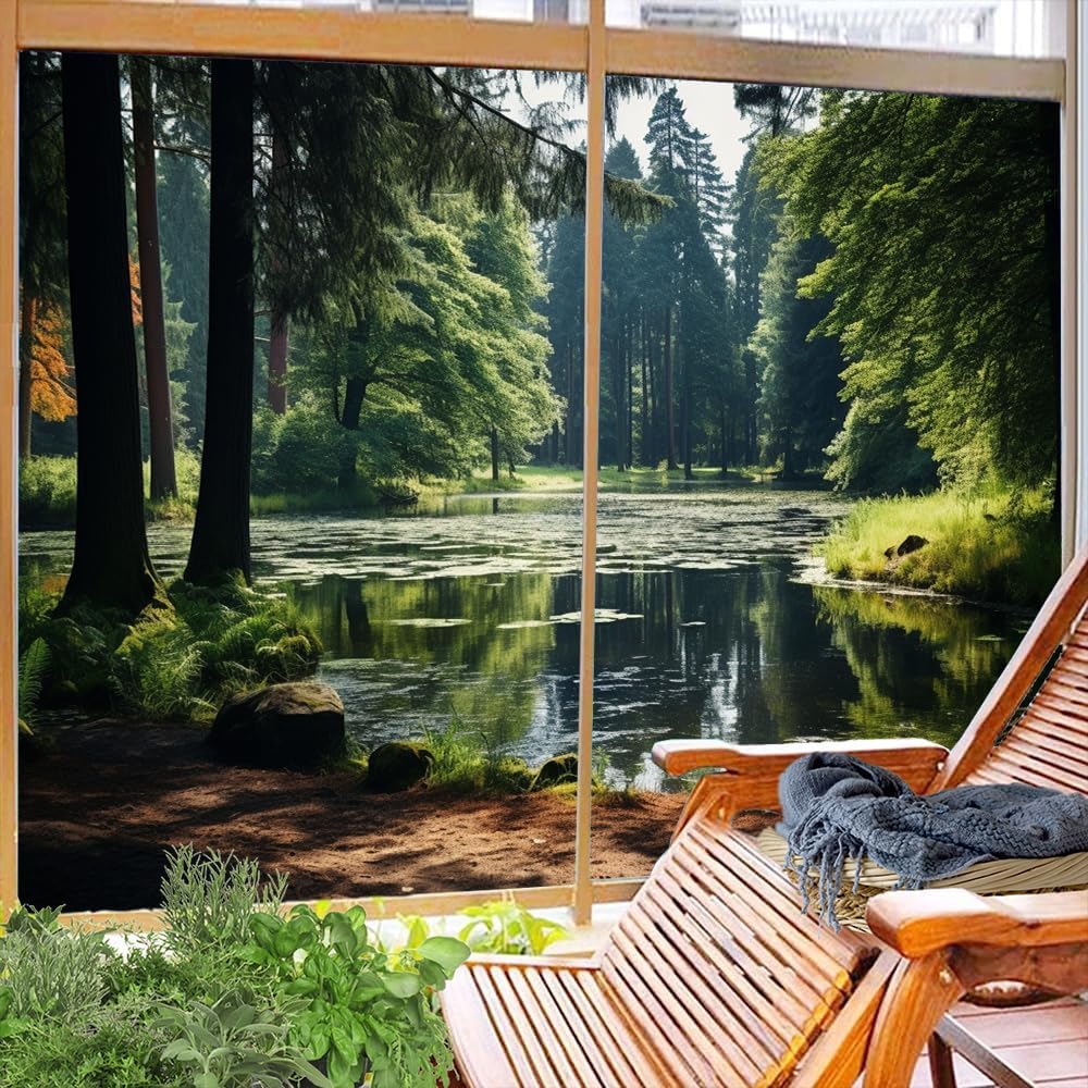 Secluded Forests Stained Glass Window Film Green Nature Scene Rustic Style Privacy Window Film Glass Door Covering Non-Adhesive Window Stickers for Room Kitchen 17.7Wx23.6L-inch x2 Pcs