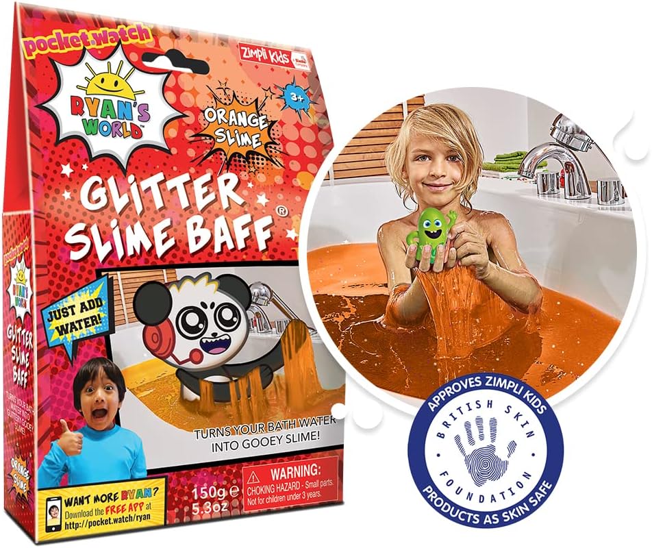 Zimpli Kids Ryan's World Glitter Slime Baff Orange, 1 Bath or 4 Play Uses , Magically turns water into gooey, colourful slime, Children's Sensory & Messy Bath Toy, Birthday Present for Children