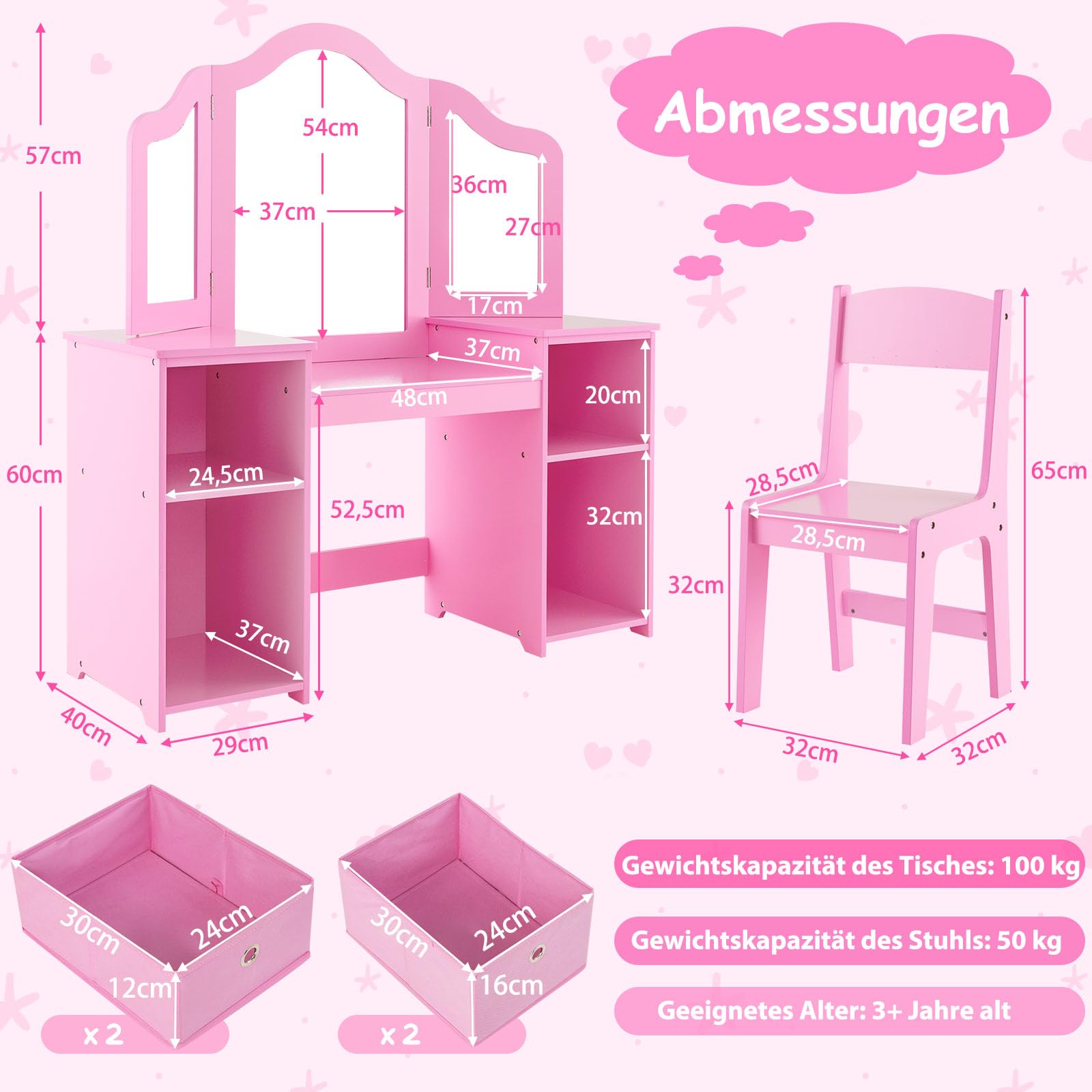 GOPLUS Kinder Schminktisch mit Stuhl, Prinzessin Frisiertisch mit mit abnehmbarem Spiegel, Kosmetiktisch Holz (Rosa mit Stuhl & Box)