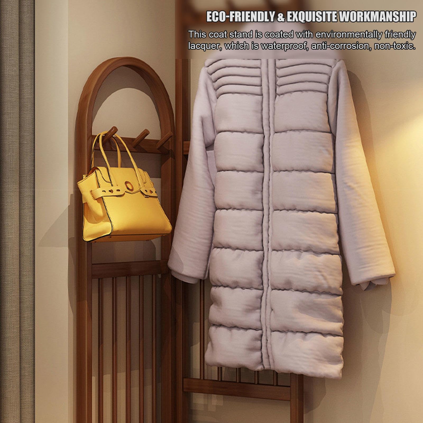 Scaffali Appendiabiti Appendiabiti, Appendiabiti in bambù con ripiano, Appendiabiti da ingresso, Appendiabiti ad angolo da terra con 6 ganci per cappelli, Borse per vestiti, Scarpe, Colore noce,