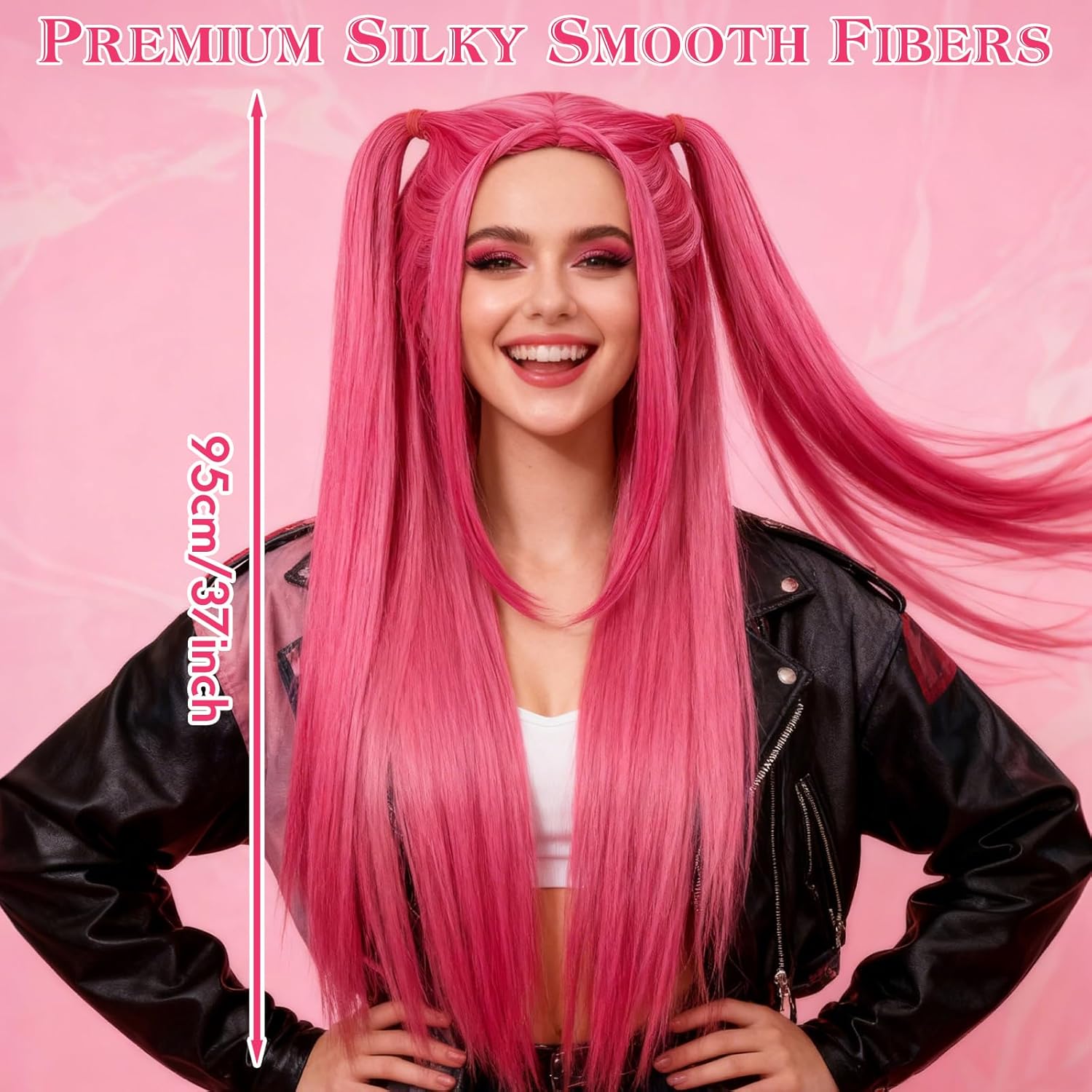 Long Hot Pink Cosplay Wig with Two Ponytails, Straight Synthetic Hair Wig with Bangs for Adults Women, Halloween Costume Hair with Dual Tails for Cosplay Party - Image 3