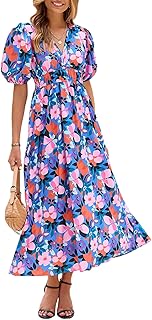 Women's Boho Floral Print Midi Dress Short Sleeve Summer Long Dress - Buy now