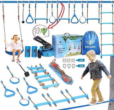 Ninja Warrior Obstacle Course for Kids - Ninja Backyard Obstacle Course - 50 Weatherproof Outdoor Ninja Course Set with 10 Obstacles, Like Ladder, Swing