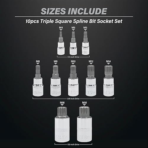 Miniatura 2 de XZN - Juego de llaves de vaso con ranura cuadrada triple, acero premium S2 y Cr-V Juego de 10 piezas M4 - M18 Estuche de almacenamiento mejorado..