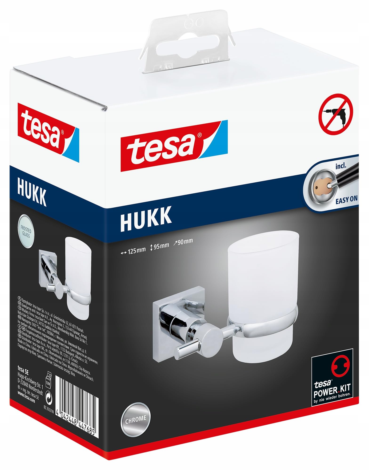 Tesa HUKK - Portaspazzolino e dentifricio, senza trapano, montaggio a parete, satinato, con supporto cromato, impermeabile, con soluzione di colla rimovibile
