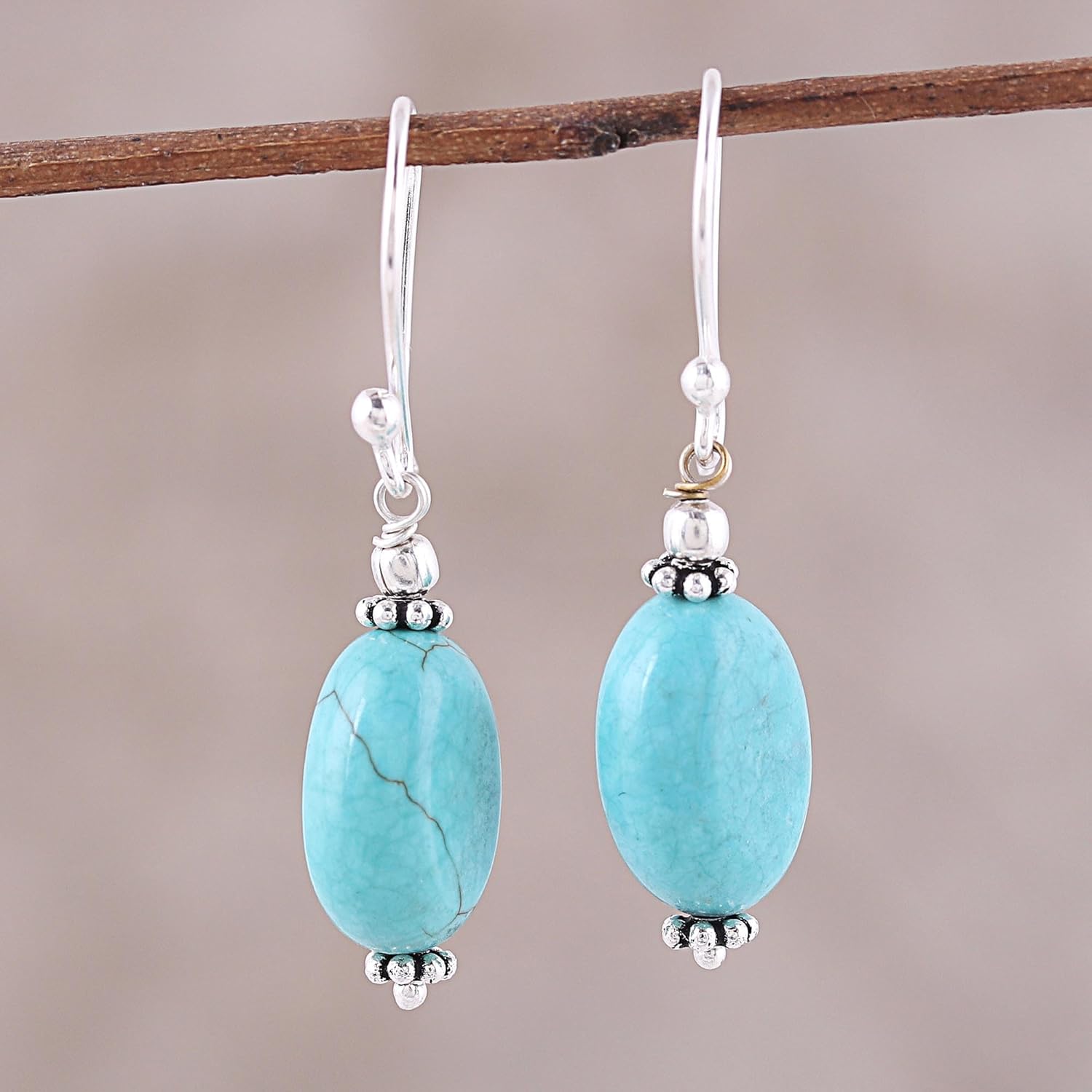 NOVICA Artisan Handmade Sterling Silver Dangle Earrings Recon Turquoise Reconstituted Blue India Gemstone [1.5 in L x 0.4 in W x 0.3 in D] ' Cloudless Sky'