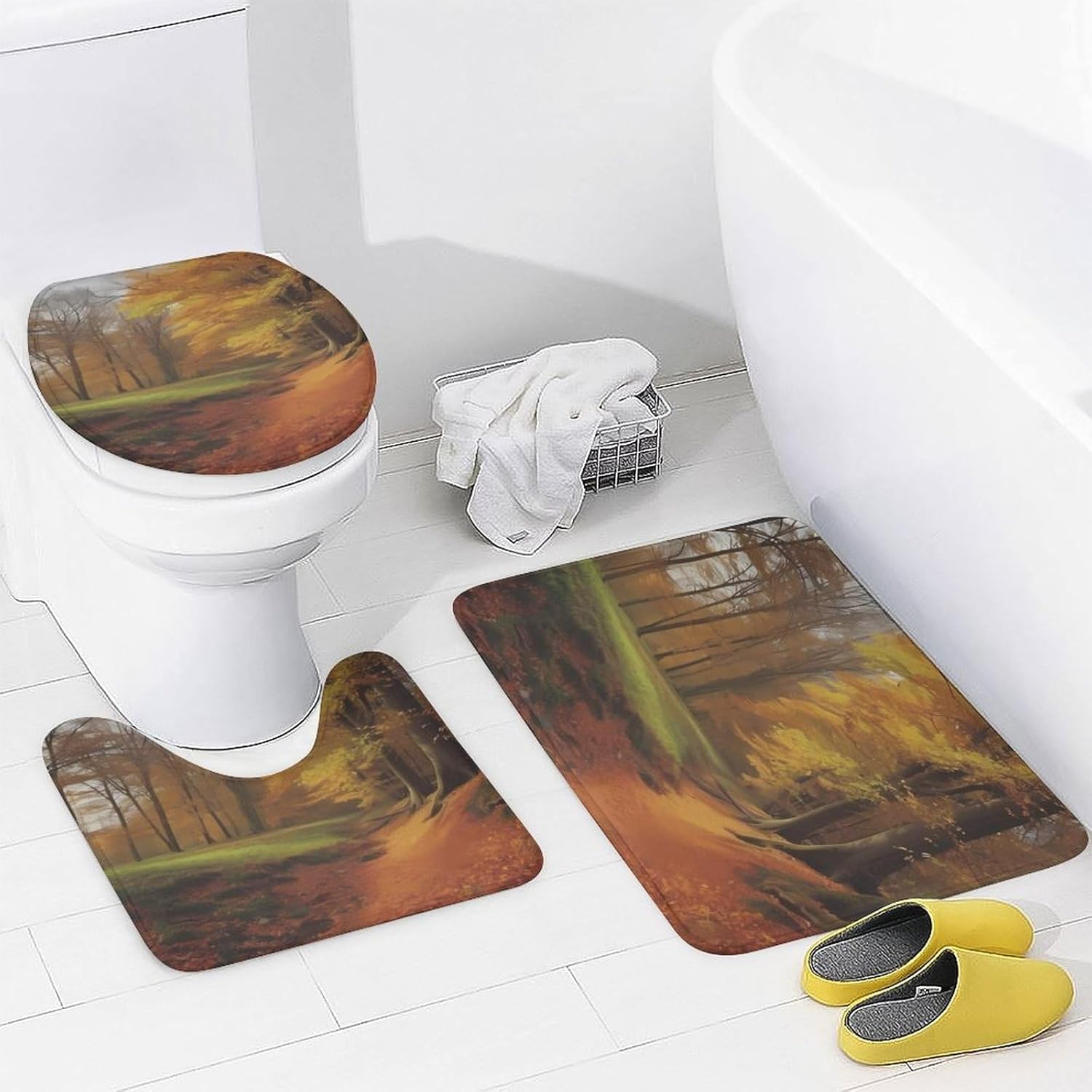 Autumn Shower Curtain Set 4 Piece, Non-Slip Bath Mat with Toilet Lid Cover and Waterproof Shower Curtain with 12 Hooks, Complete Bathroom Set for Home Decor