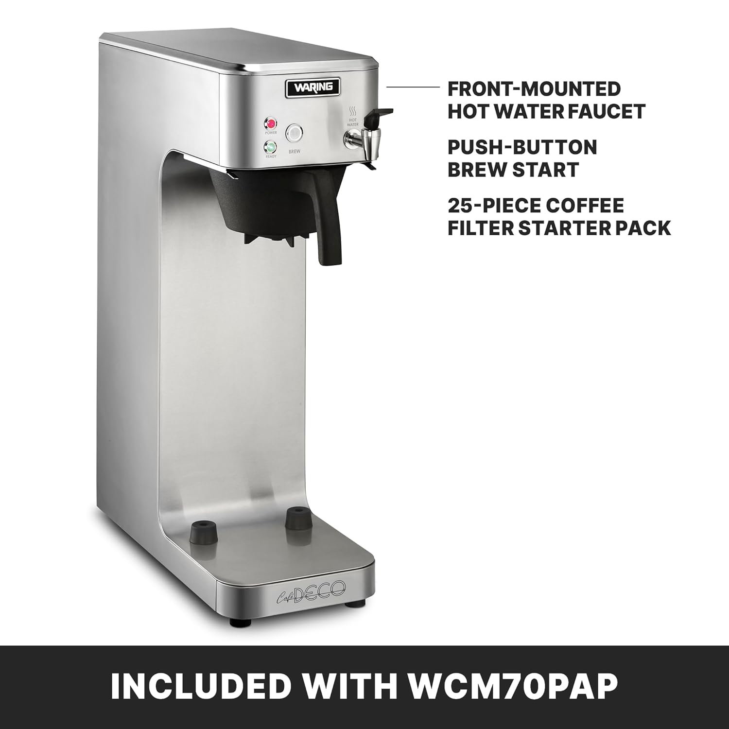 Waring Commercial WCM70PAP Café Deco Automatic Airpot Coffee Brewer, Stainless Steel Construction, Hot water faucet, Plumbed, 120V, 5-15 Phase Plug,Silver/ Black