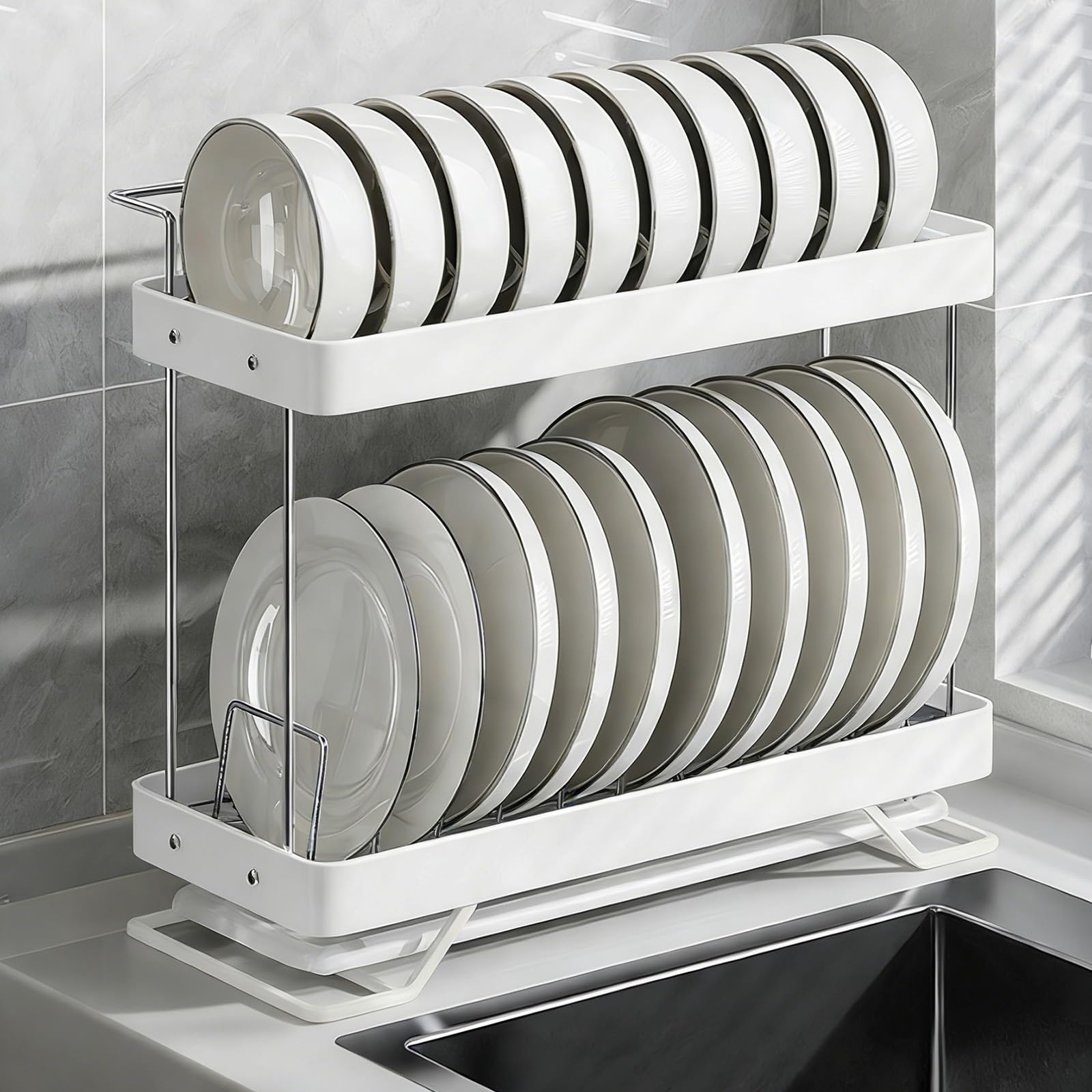 Escurreplatos sobre Fregadero Doble Capa, Escurridor de Platos de Vajilla para Encimera de Cocina de Acero Inoxidable, Todo en Uno con Bandeja de Drenaje(30x15x39 cm/12x6x15 in)