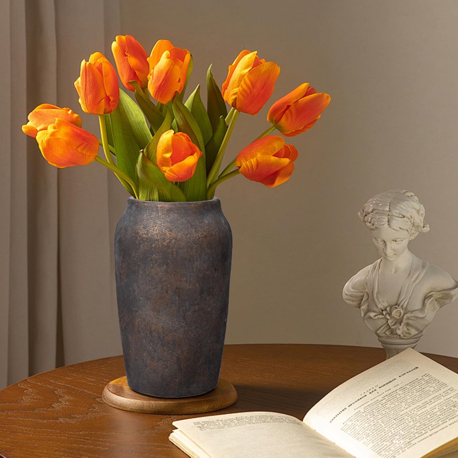 Briful Rustic Vintage Ceramic Vase, 9.06'' Farmhouse Table Decor with Wide Mouth, Large Decorative Vase for Home Decor, Living Room, Entryway & Shelf Styling, Brown - Image 4