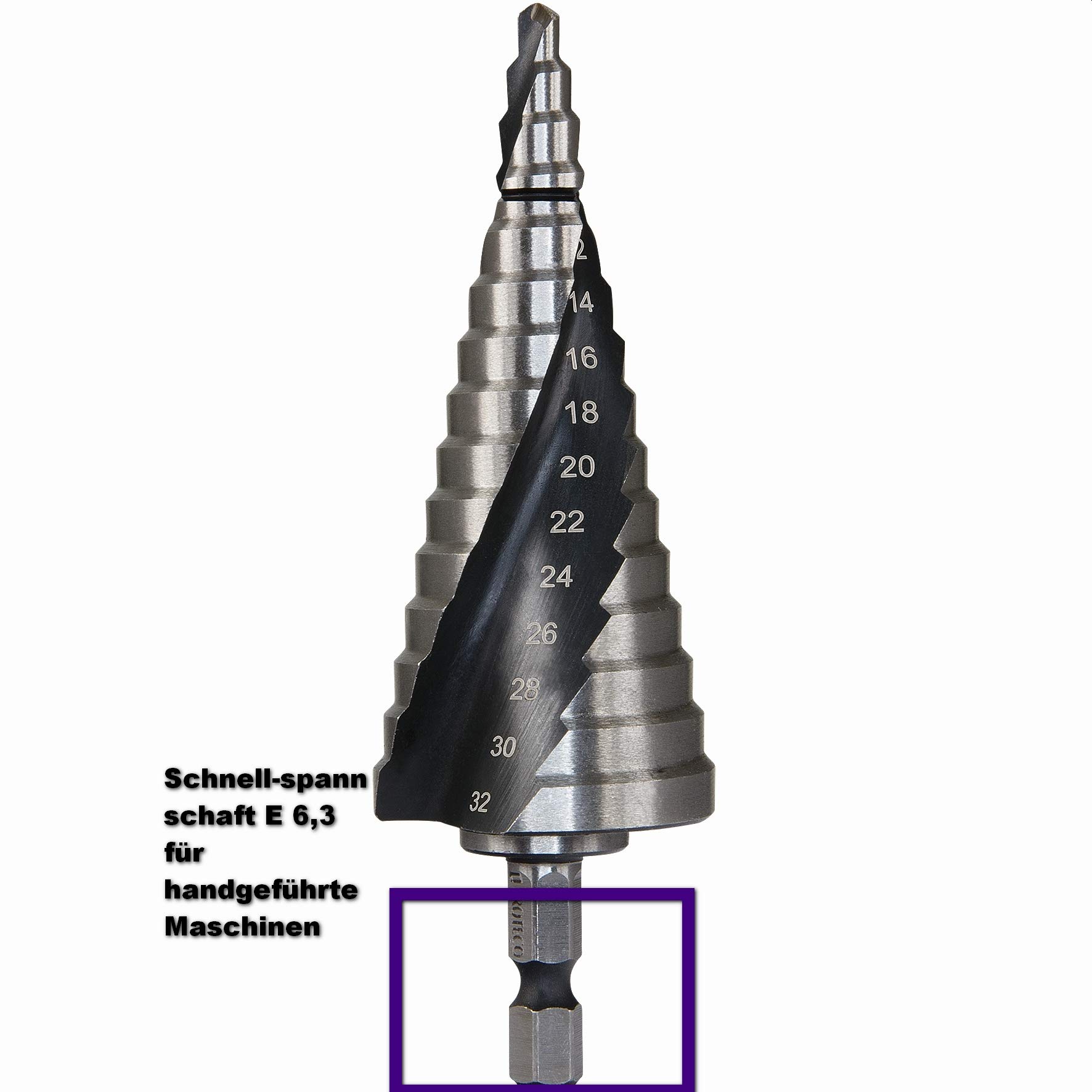Proteco-Werkzeug® HSS Titan TIN TiALN Profi Stufenbohrer Konusbohrer Schälbohrer Metallbohrer Set 3-tlg. mit Schnellspannschaft für Bohrmaschinen