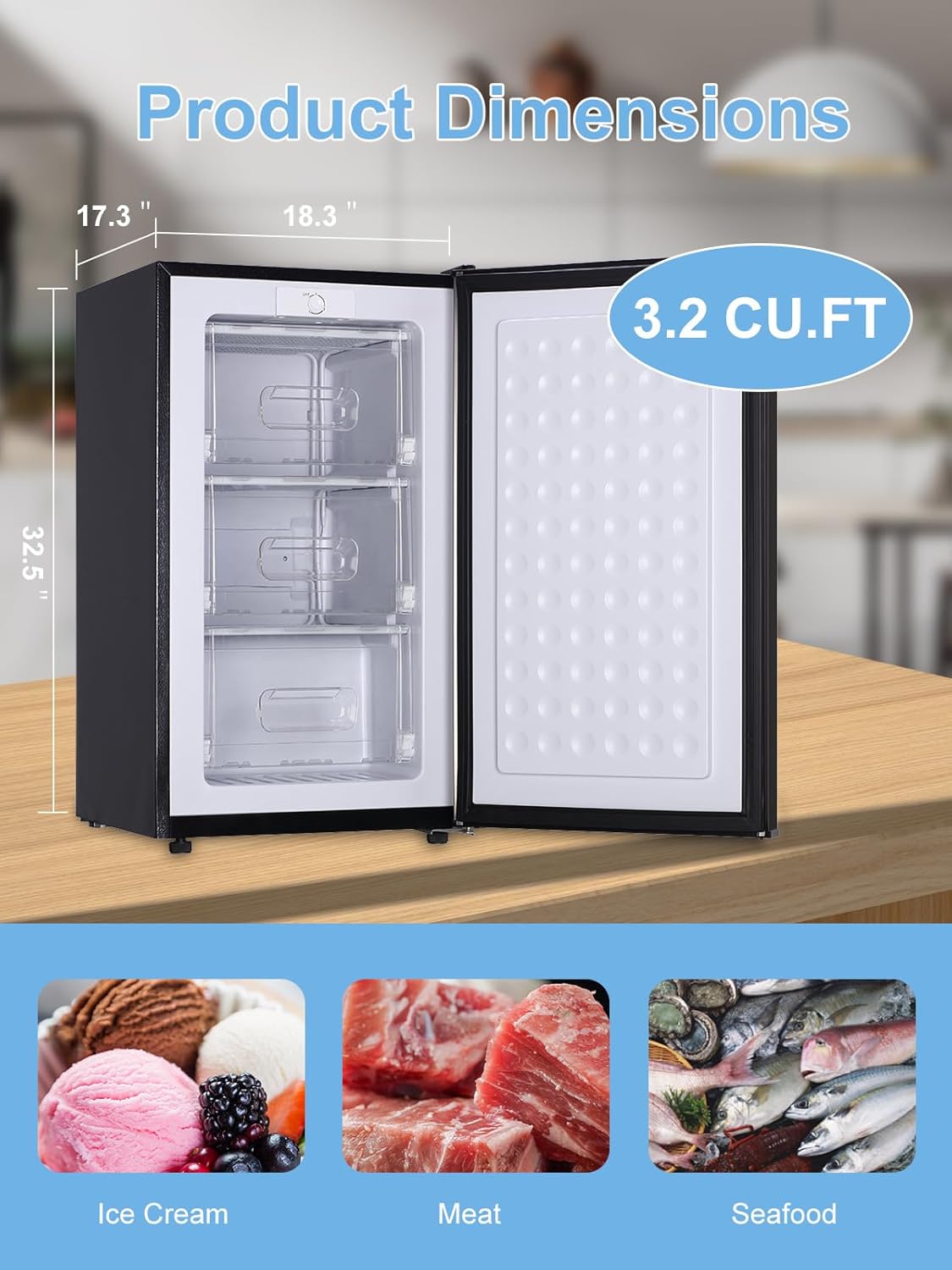 3.2 Cu.ft Upright Freezer Compact Mini Freezer with Removable Shelves for Bedroom, Office, Kitchen, Black