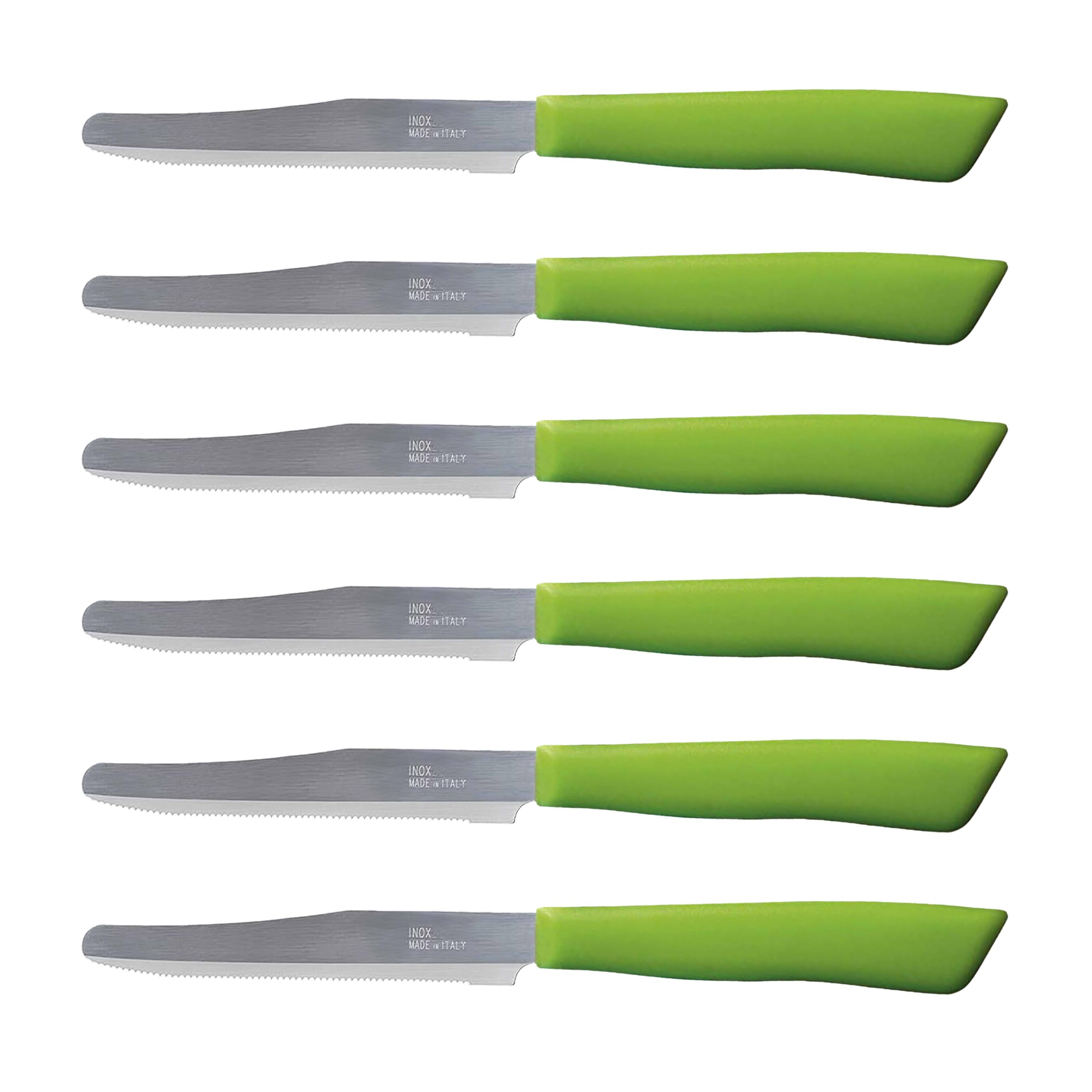 Tredoni 6 Couteaux de Cuisine - Couteau Dentelé 11cm en Acier Inoxydable Italien à Légumes/Steak/Table, Pointe Arrondie (Vert)