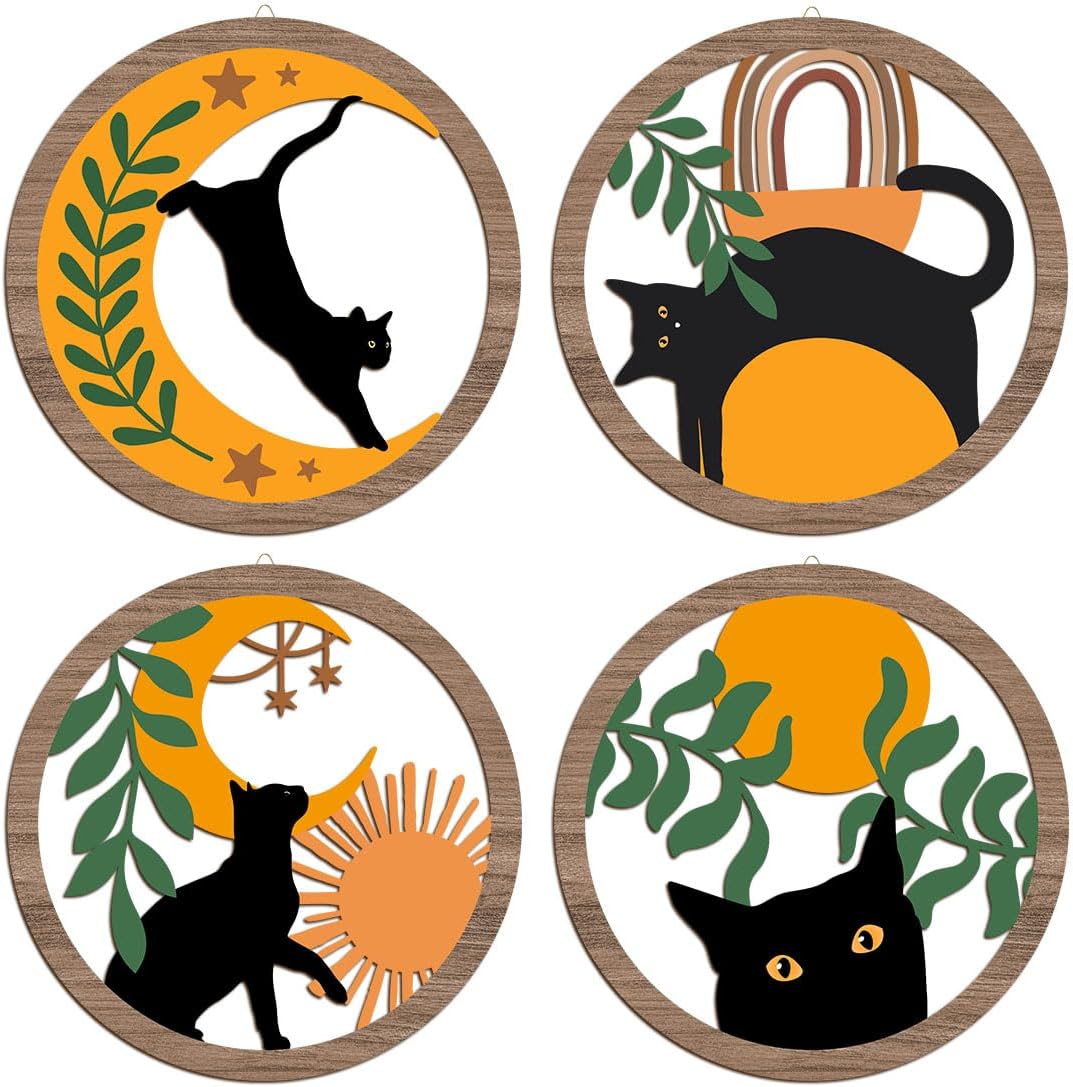 XFN 4PCs 3D Boho Cat Hanging Wooden Wall Art Wall Decor, Botanical Wall Decor Bohemian Decor, Cat Lover Gifts, Wooden Sign Wood Art Wood Plaque Home Decor for Living Room Bedroom Farmhouse Kitchen