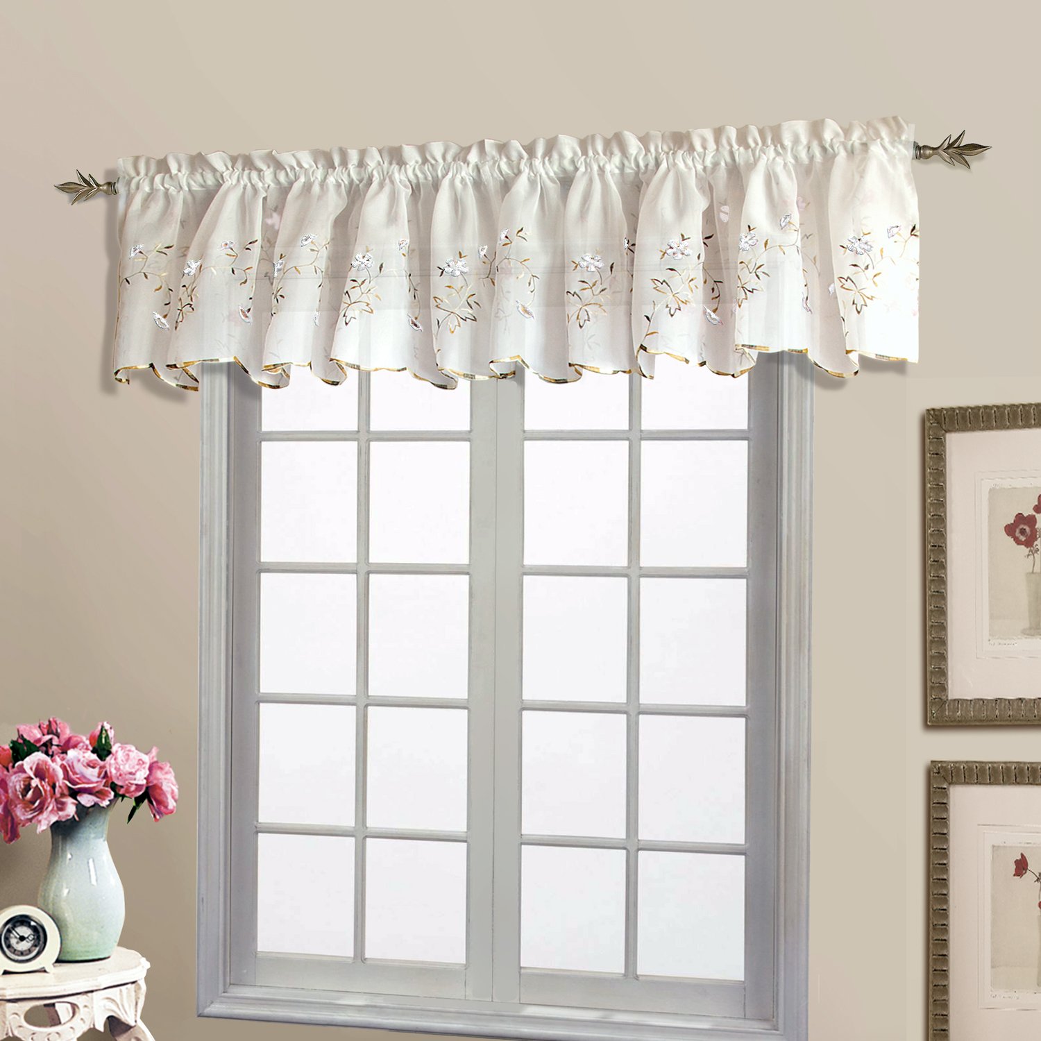 United Curtain Loretta Embroidered Sheer Shaped Valance, 52 by 18-Inch, White
