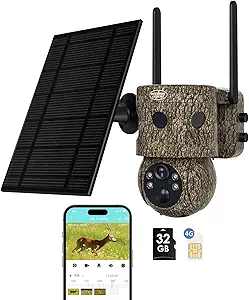 4G LTE Cellular Trail Camera,2K /360° Live Stream Camera & 24/7 Recording,with 180° PIR Intrusion Detection and 7.5W Solar Panel by App Control Inculdes 32G SD&SIM Card asin的图片