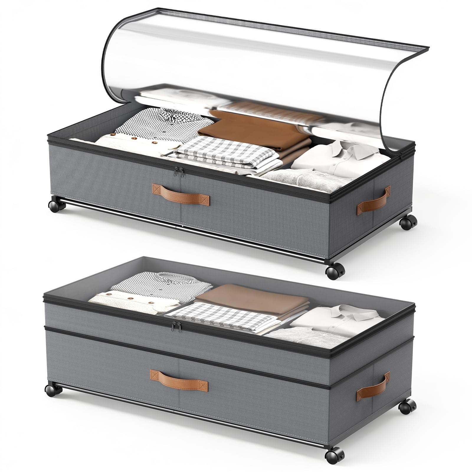 2 unidades de almacenamiento para debajo de la cama de 72 L, con ruedas de rotación de 360°, con tapa de PVC, marco de metal, para ropa, zapatos y mantas
