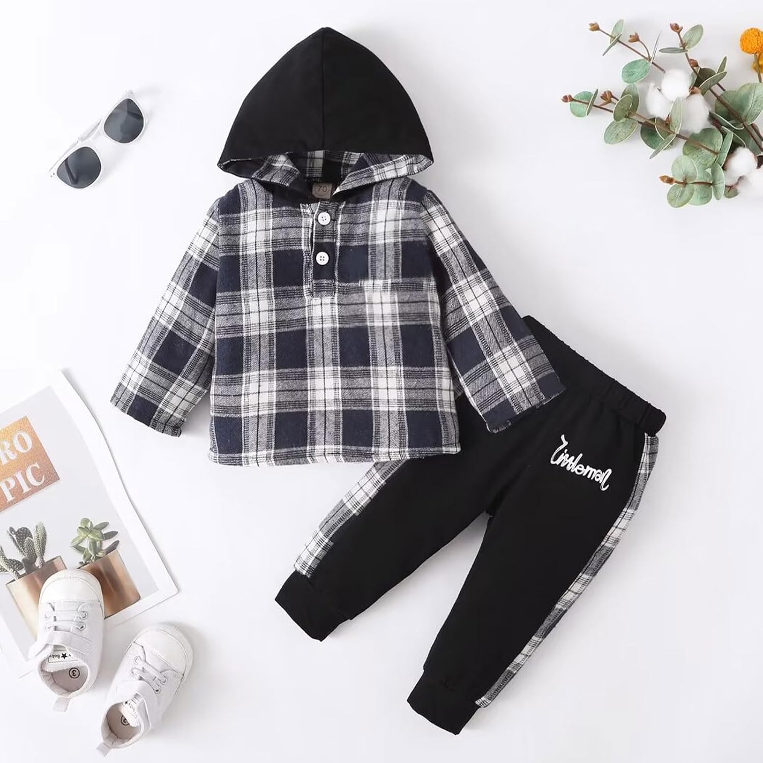 Toddler Baby Boys Clothes Infant Fall Winter Outfits Flannel Lattice Button Down Long Sleeve Hoodied Tops + Pants Sets