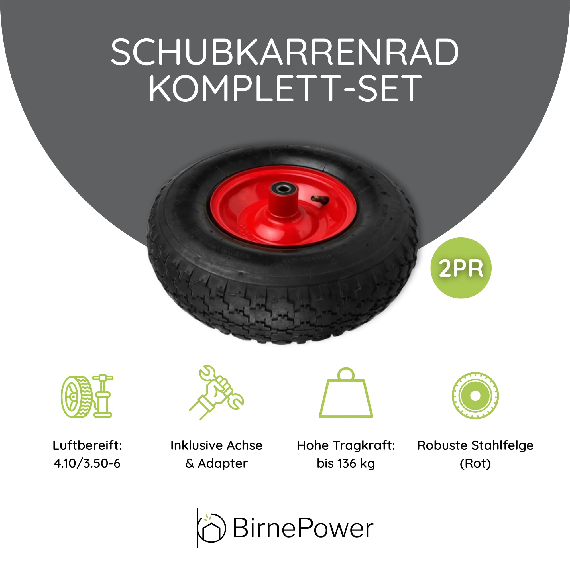 BirnePower Schubkarrenrad Rad Räder Ersatzrad Luftrad Felge rot 4.10/3.50-6 2PR mit Achse Luftbereift