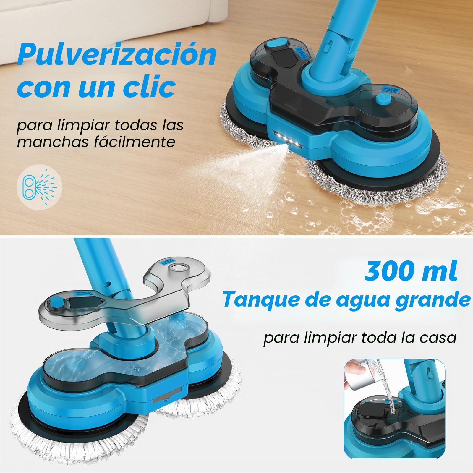 Mopa eléctrica inalámbrica con 2 Baterías de 2000 mAh, Fregona giratoria eléctrica for limpieza de pisos, con luz LED y depósito de agua de 300 ml y aspersor, fregona para suelos de mármol madera dura