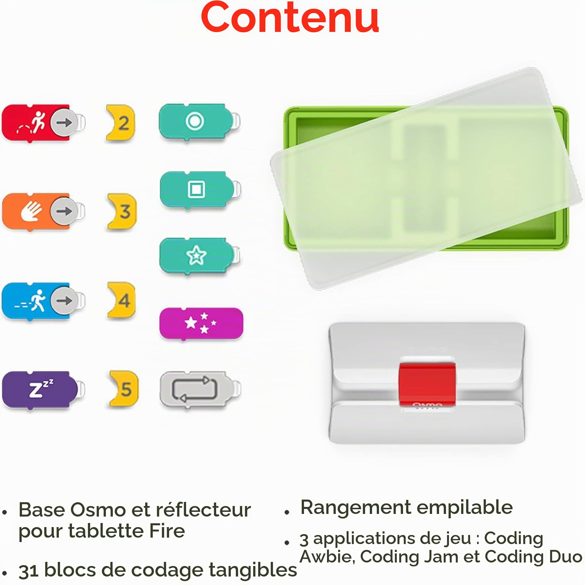 Osmo Coding Coffret Complet pour Tablette Fire - 3 jeux éducatifs interactifs Base Osmo pour Tablette Fire incluse