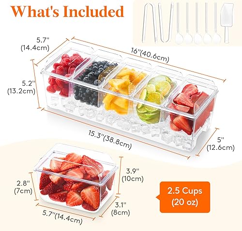 Miniatura 2 de Lifewit Juego de servicio de barra de tacos para fiesta con 5 recipientes (2.5 tazas) y componentes, organizador grande de condimentos refrigerados