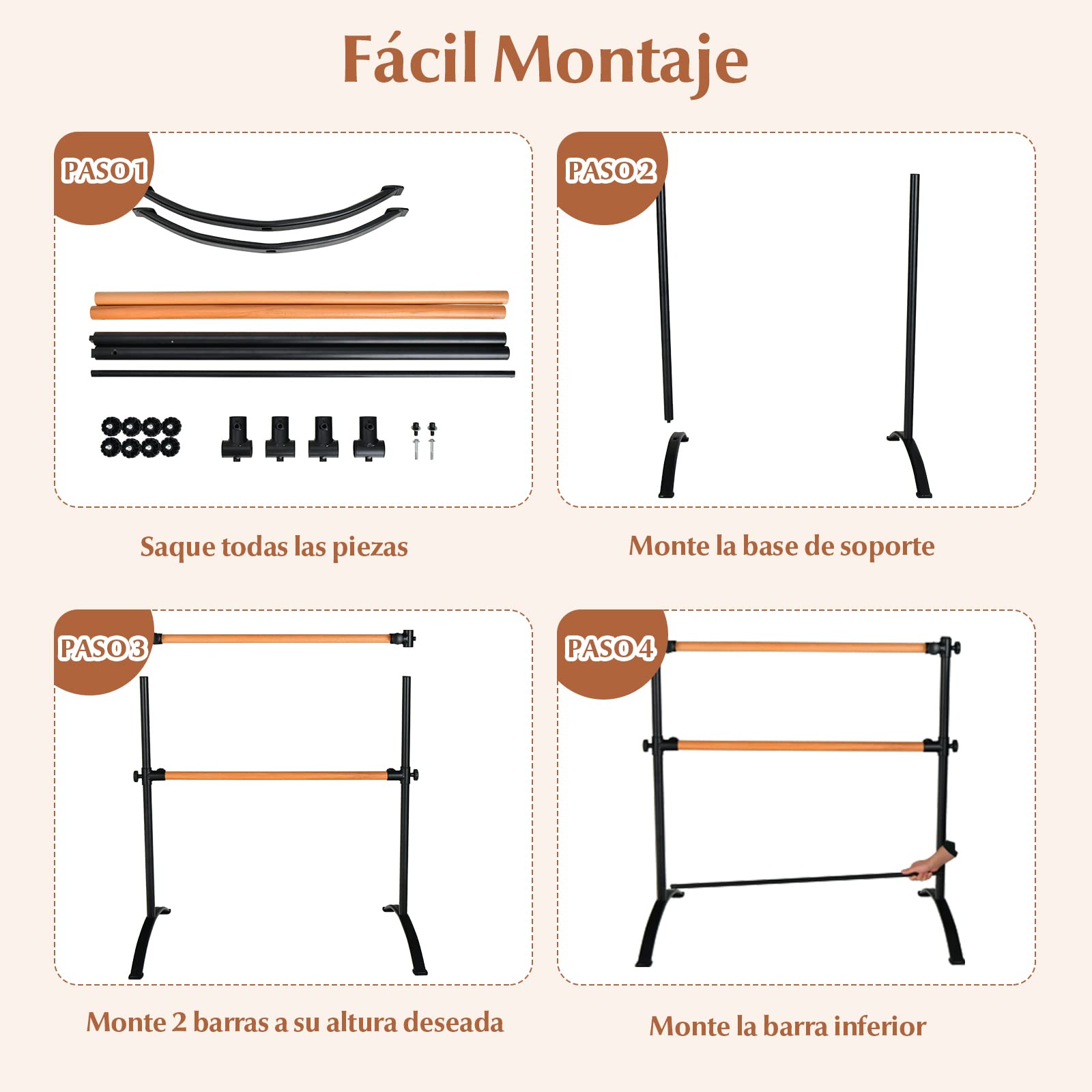 COSTWAY 120 cm Barra de Ballet Portátil, Barra Doble Independiente, Altura Ajustable 56/76/96/116 cm, Baile, Entrenamiento, Barra de Fitness, Gimnasio Casa, Adultos y Niños