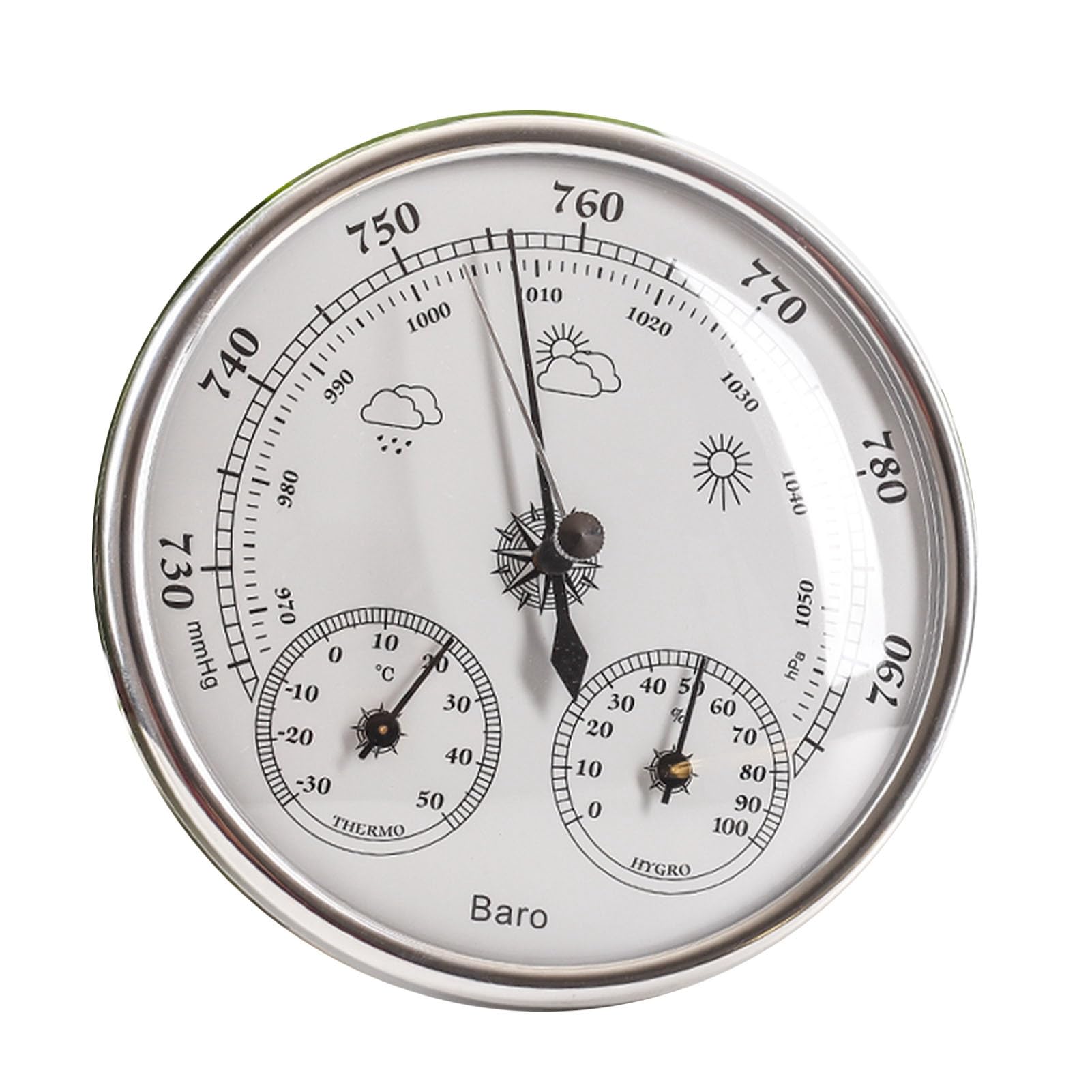 Termometro Barometro Igrometro 3 in 1 Per Tutte le Stagioni Appeso a Parete per Interni ed Esterni Strumento Meteorologico Preciso Argento Bianco 130mm