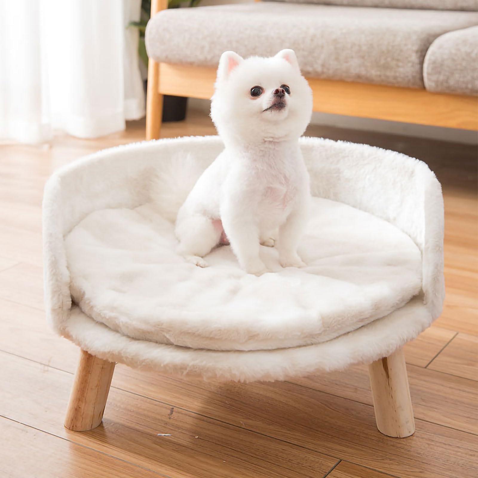 سرير مرتفع للحيوانات الاليفة من كيبفيتيز، سرير للحيوانات الاليفة للقطط والكلاب مع ارجل خشبية متينة، سرير قطيفة للحيوانات الاليفة، كنبة ناعمة مستديرة دافئة للجراء والقطط الصغيرة، يخفف ويحسن النوم