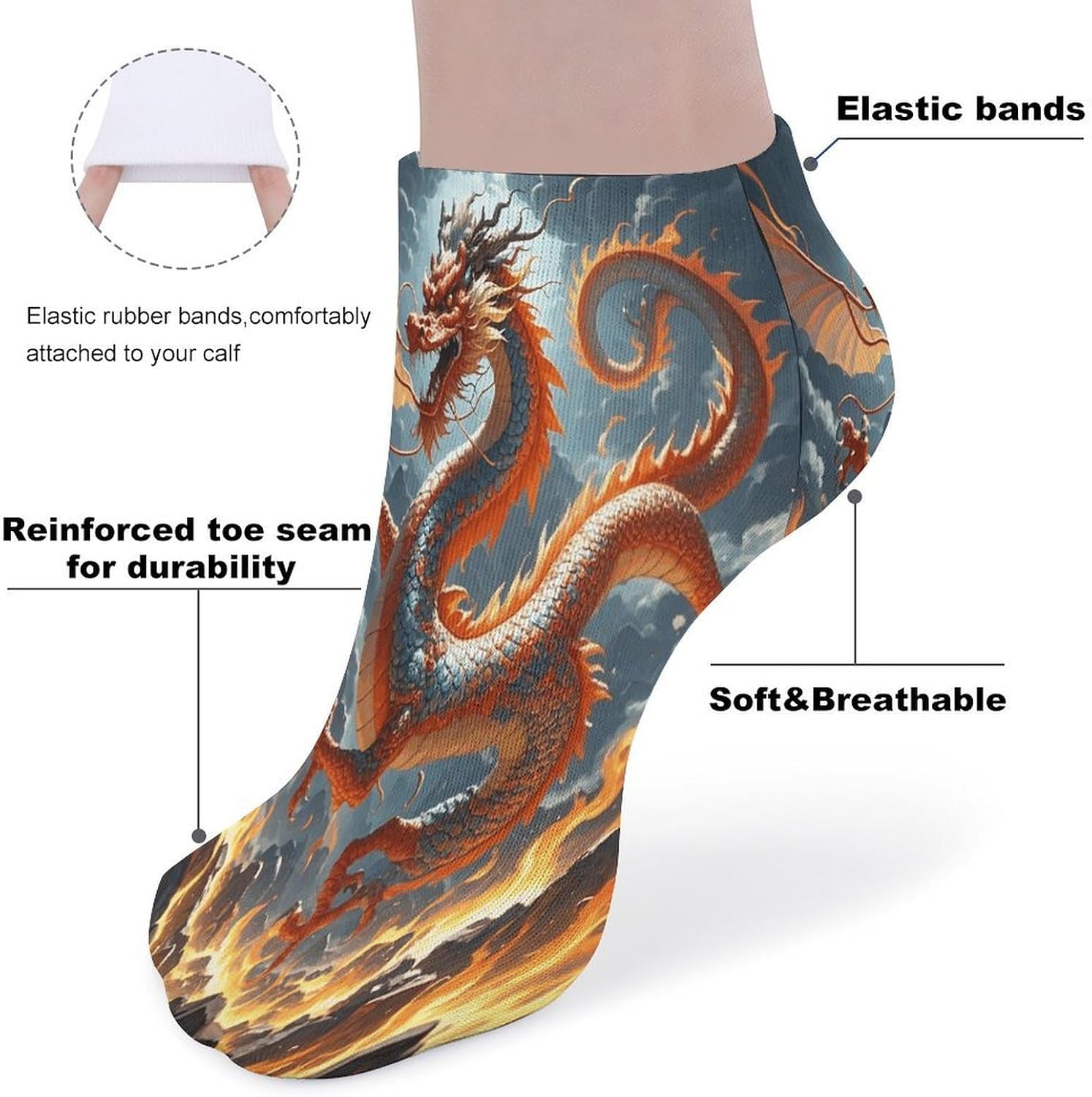 Fire Chinese Dragon Ankle Sock-Low Cut Breathable,Basketball Socks for Men Women,Tube Socks for Work Sports