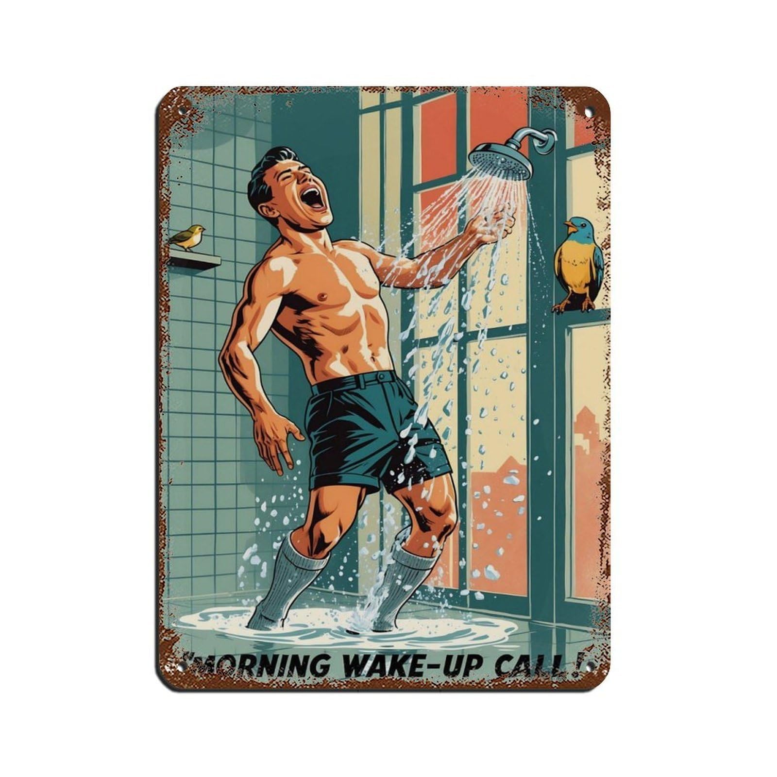 Poster de scène de douche rétro en métal 30x40 cm pour déco murale de salle de bain vintage