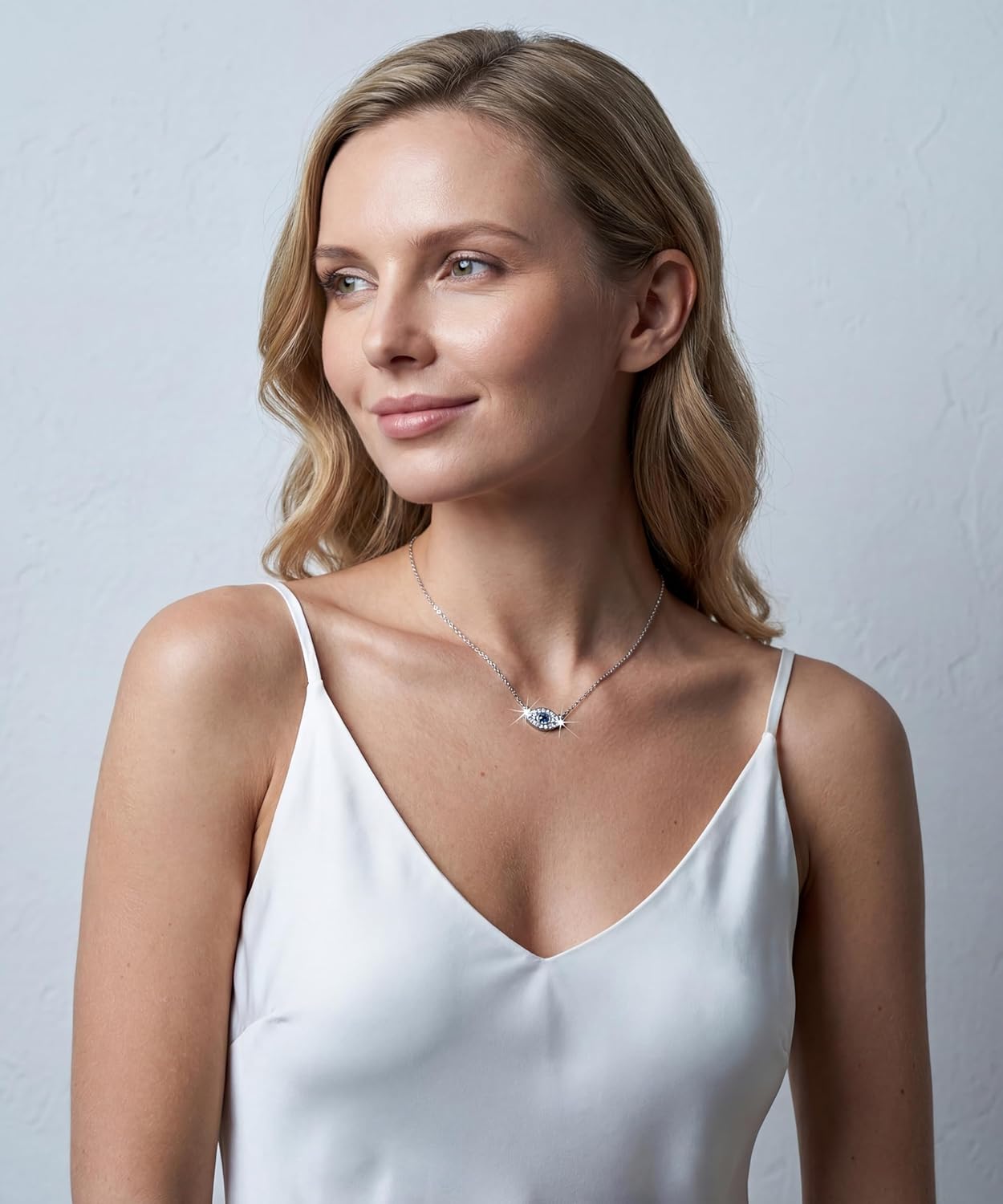 Evil Eye 14K White Gold Plated Necklace for Women Dainty Cubic Zirconia Turquoise Pendant Fashion Jewelry Halloween Jewelry Gifts for Her - Image 5