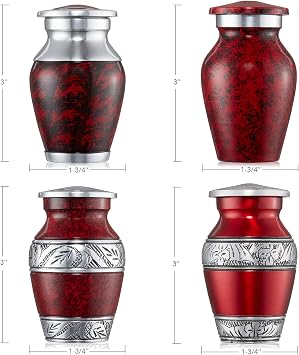Reminded Small Cremation Keepsake Urns for Human Ashes, Set of 4 Red and Silver Miniature Urns with Velvet Case and Bags