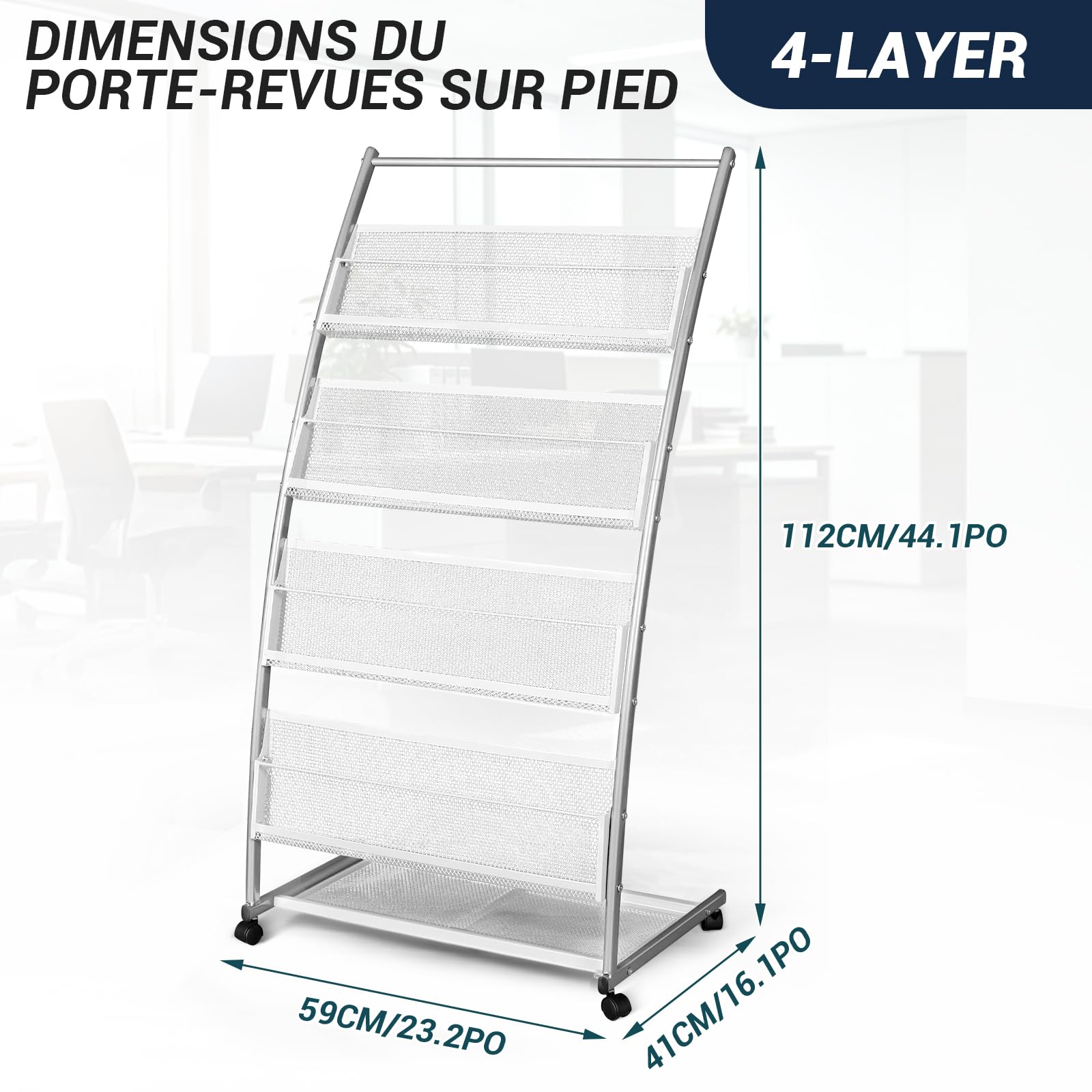 SUNDOY Espositore con opuscoli e giornali su piedistallo, supporto inclinato per libri, riviste e cataloghi con 4 ripiani (argento, 4 strati, 59 cm di larghezza)
