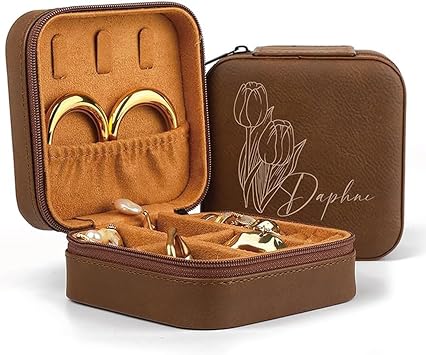 Personalized Leather Jewelry Organizer Box Customized Name & Birth Flower Month - Birthday Gifts for Women, Mom Personalized Jewelry Travel Case Bridesmaid Gifts Proposal D-brown