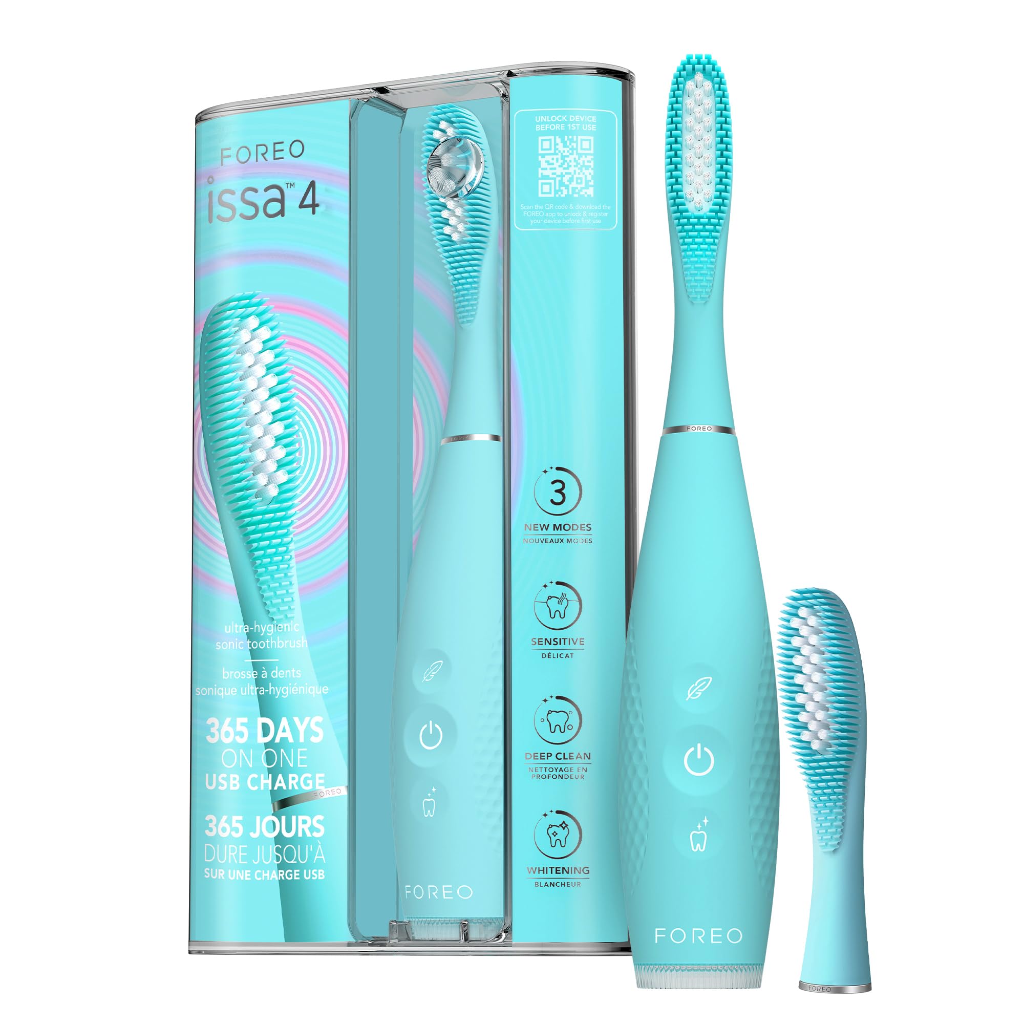 FOREO ISSA 4 Electric Toothbrush – 4-in-1 Rechargeable with Extra Brush Head, Soft Bristles, Long-Lasting Use, Gentle Cleaning - Artic Blue
