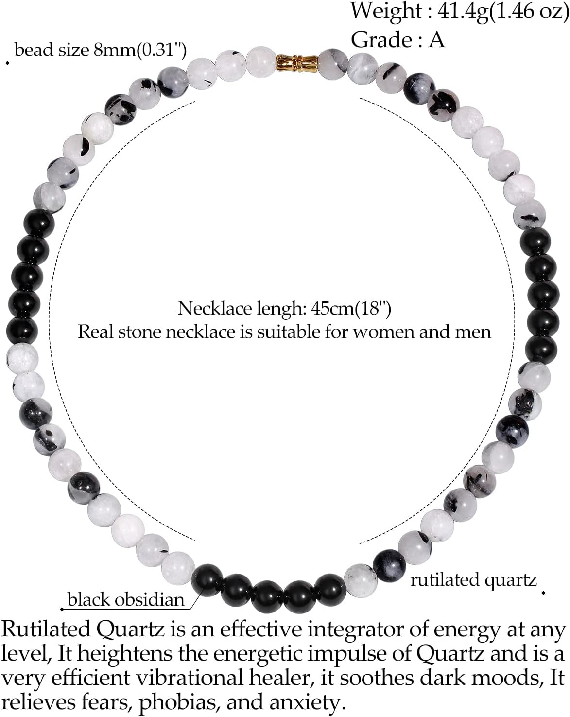 Black Obsidian/Rutilated Quartz Beaded Crystal Chokers Necklaces for Women and Men Energy Power Healing Crystals Unisex Jewelry Strand Necklace 18"