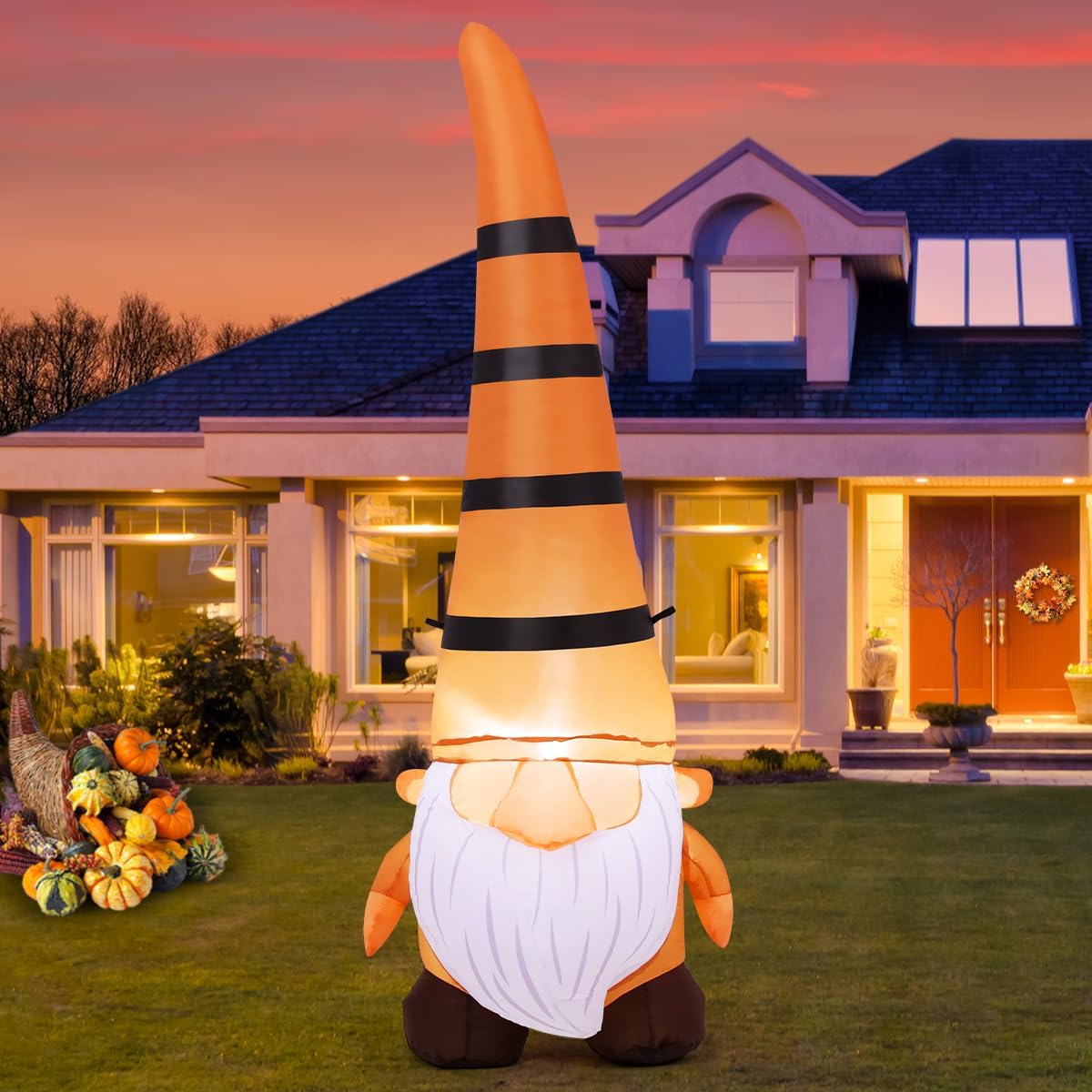 COMIN 5FT Thanksgiving Inflatables Gnome Blow Up Ourdoor Yard Decoration Built-in LEDs for Fall Garden Lawn Decor
