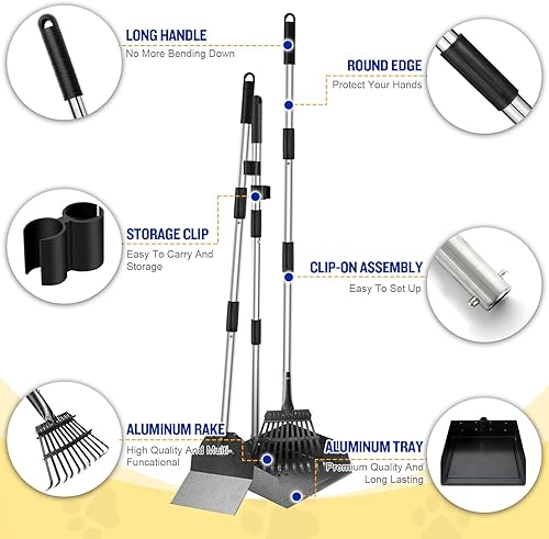 Miniatura 5 de Recogedor de excrementos de perro para perros grandes, paquete de 3 bandejas de metal ajustables de mango largo, rastrillo y pala con cubo para