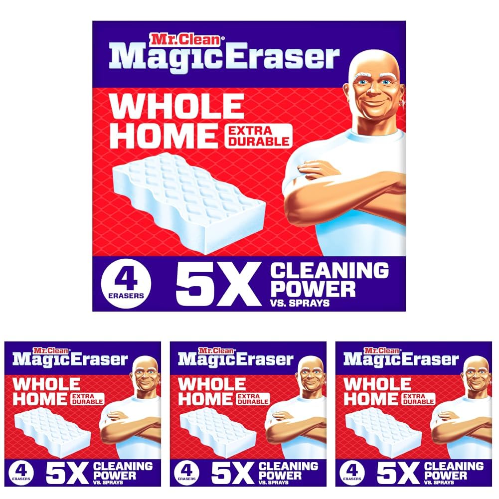 Mr. Clean Magic Eraser Sponge, All Purpose Cleaner, Cleaning Scrubber, Wall, Sneaker, Kitchen, Bathroom, Shower Cleaner, Supplies, Melamine Sponge, Cleaning Pads, Extra Durable, 4 Count (Pack of 4)
