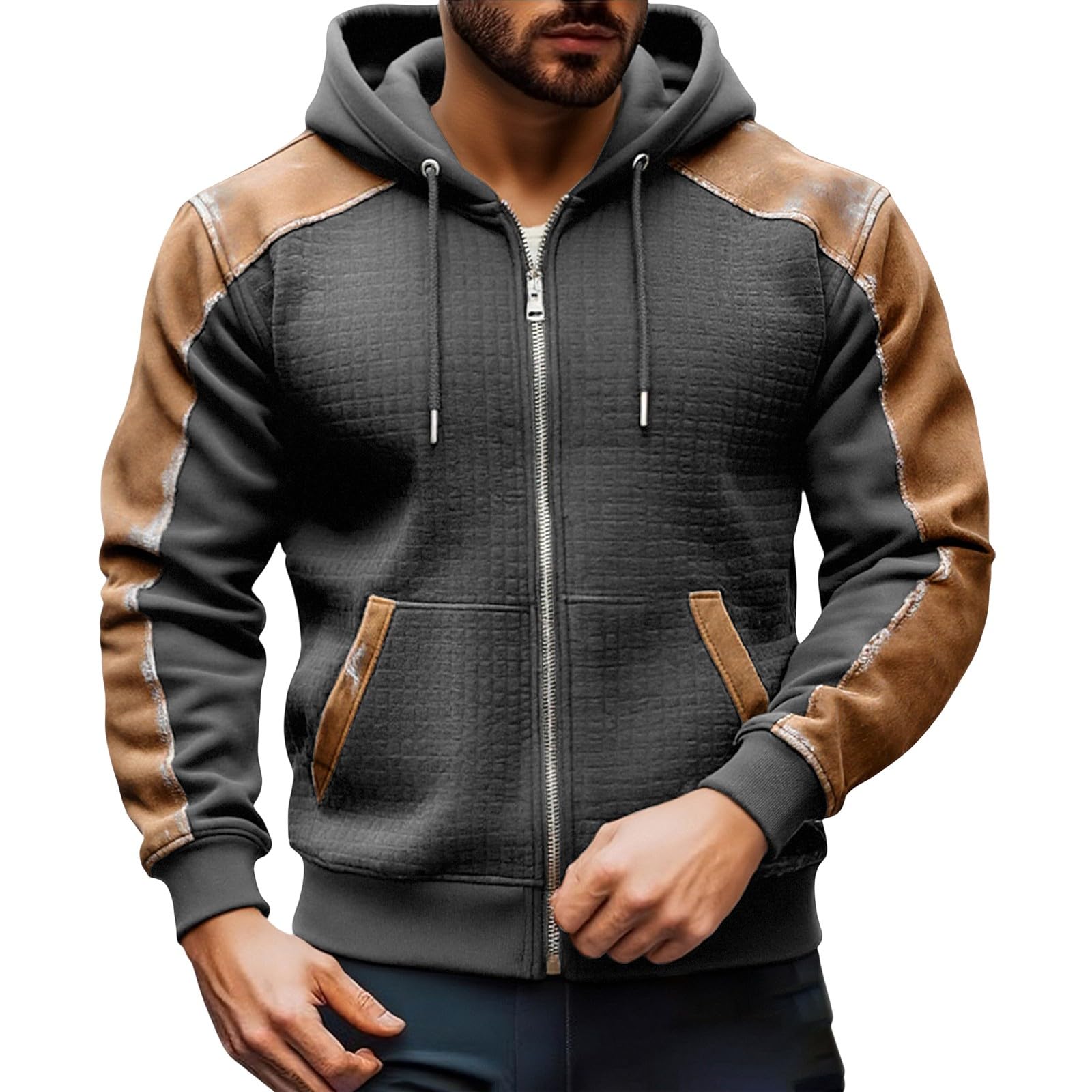 Felpa con cappuccio da uomo in finta pelle patchwork capispalla | Felpa con cappuccio con zip da uomo UK design patchwork a contrasto Comfort Fit uso quotidiano regolabile con coulisse
