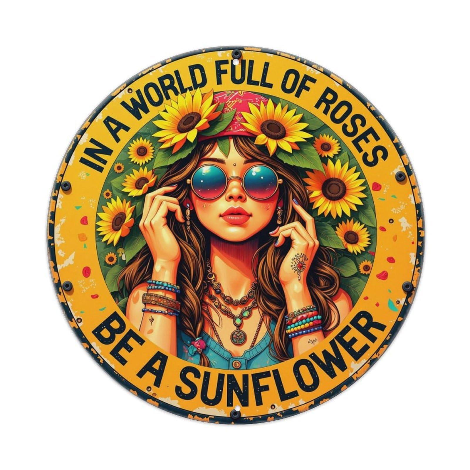Sunflower Girl Boho Art Print Retro Metal Tin Sign, Vintage Metal Poster for home, Gaming Room, Studio Workshop,Bar,Garage Wall Art Decor 8x8 inch