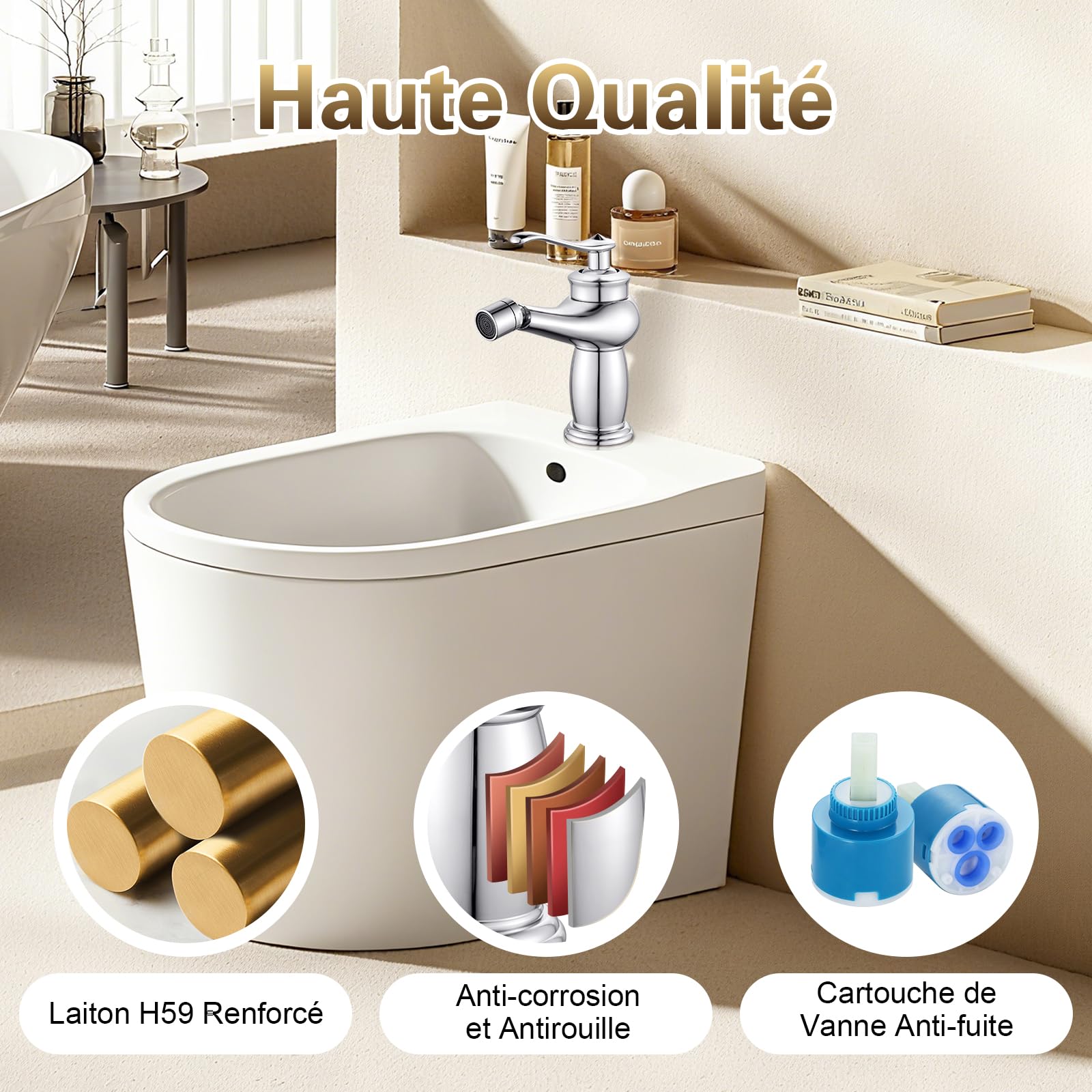 Robinet de Bidet Monocommande, Mitigeur Lavabo Robinet de Salle de Bains avec Bec Pivotant, Raccord Standard G3/8, Chromé