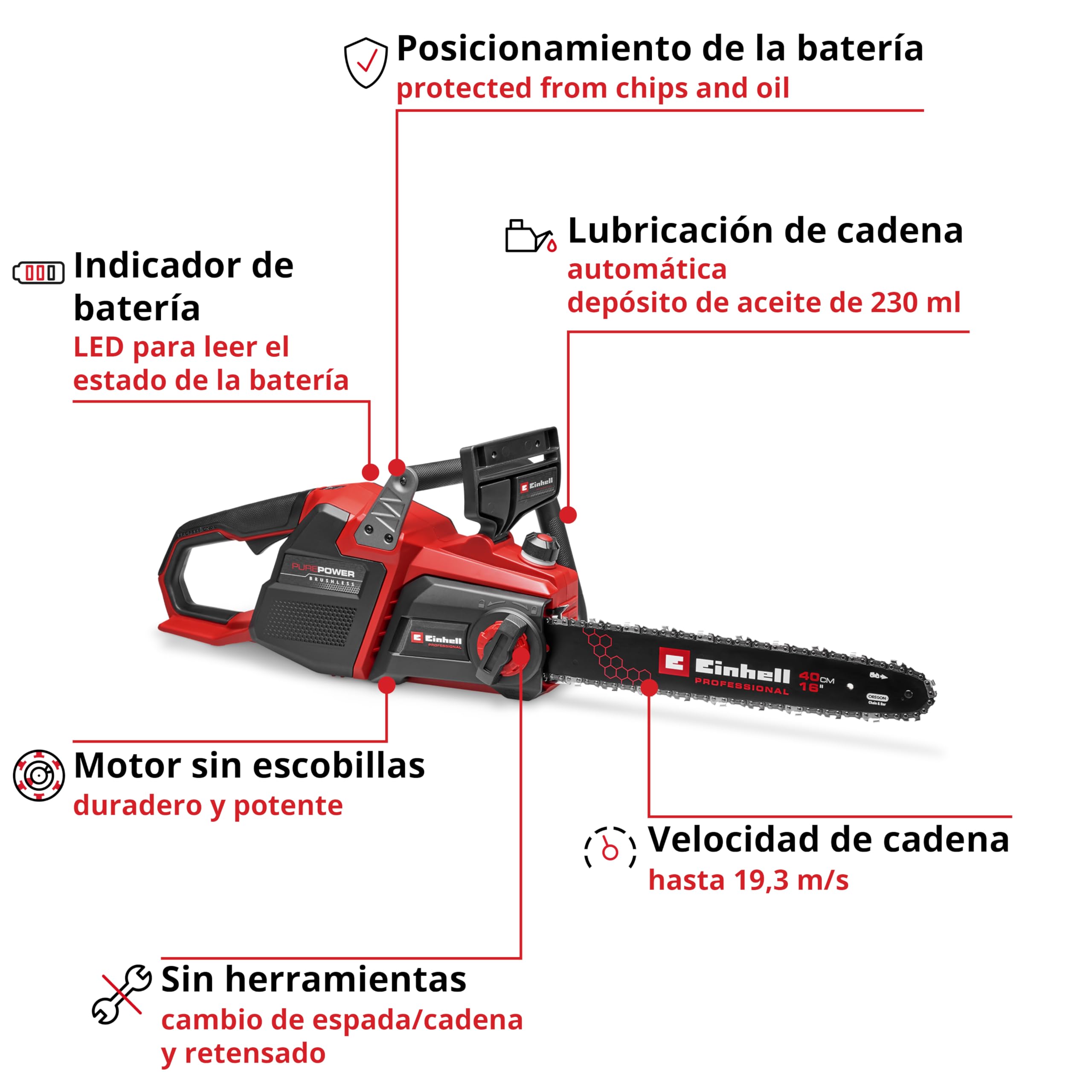 Einhell Professional Motosierra con batería GP-LC 36/40 Li BL-Solo Power X-Change (36 V, 38 cm de longitud de corte, 19 m/s de velocidad de la cadena, lubricación de cadena automática, sin batería)