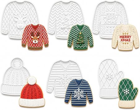 6PCS Christmas Ugly Sweater Cookie Cutter Set with Embosser Stamp 3 inch