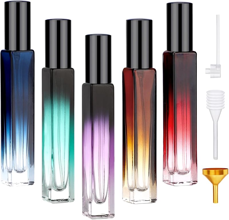 Segbeauty Conjunto com 5 frascos de perfume em vidro, spray recarregável de 10 mL com acessórios de recarga