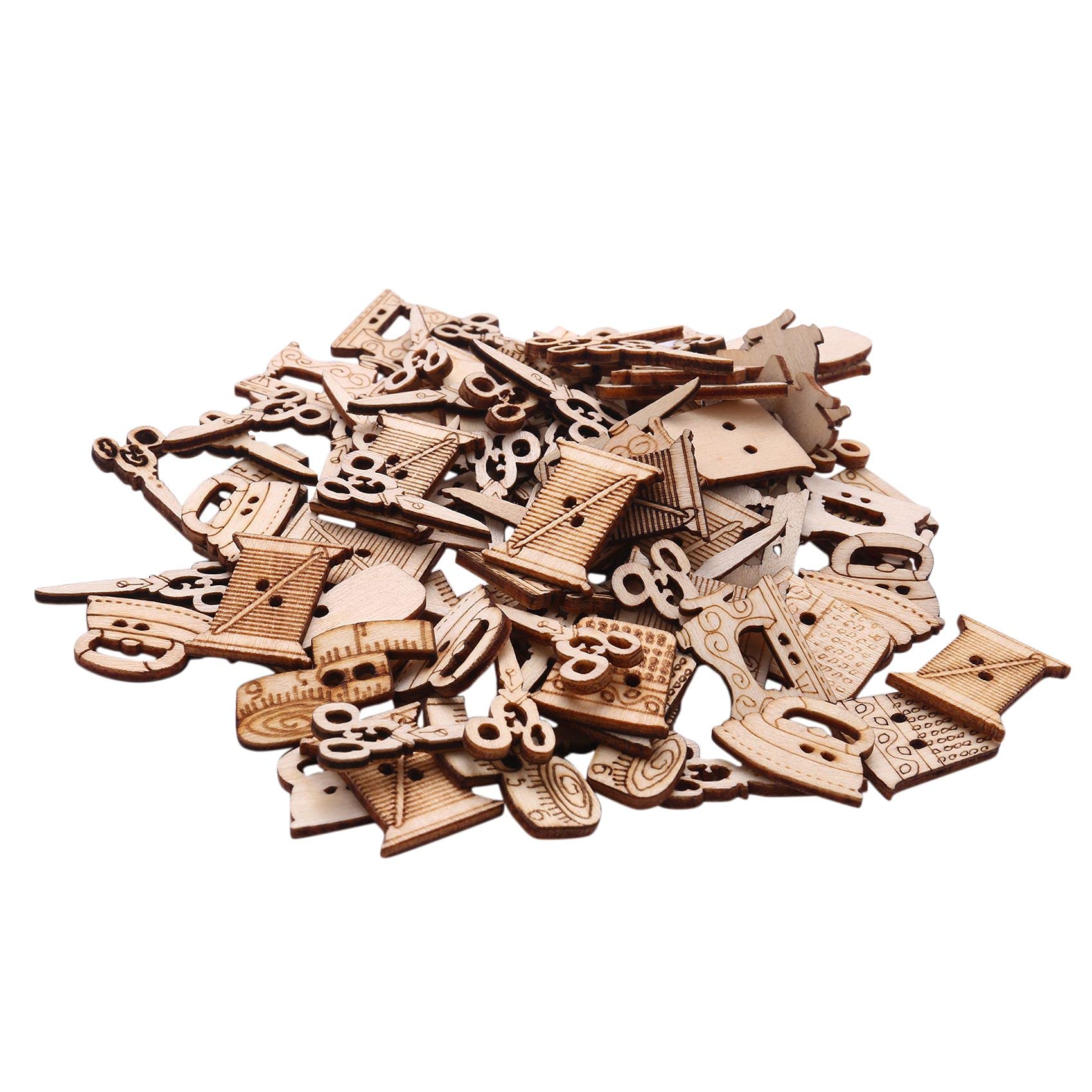 Agwuoetr 100Pcs Sewing Machine Scissors Shaped Wooden Buttons Sewing Button For Children Clothes Decorative Button Scrapbooking Accessory