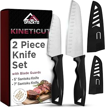 2-Piece Santoku Knife Set Stainless Steel Kitchen Cooking Knives w/Protective Covers, Dishwasher Safe, No Block, Sharp Chef Cutlery for Chopping, Cutting, Slicing Meat & Vegetables - Black